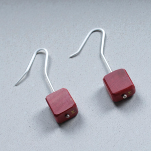 Handmade pink ebony wood drop earrings with silver
